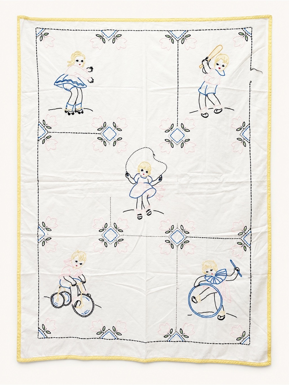 Vintage Embroidered Crib Coverlet Panel 32x43 Children Unfinished Quilt Top